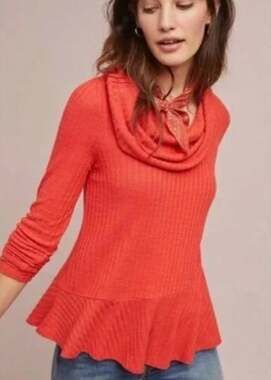 Anthropologie Maeve Womens Winterscape Cowl Neck Peplum Sweater XL Orange